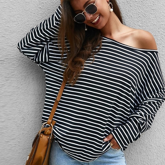 Tops - boho chic striped off shoulder long sleeve…